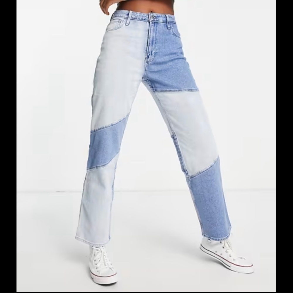 Hollister Ultra High Rise Straight Leg Patchwork Dad Jeans Light Wash Size 25